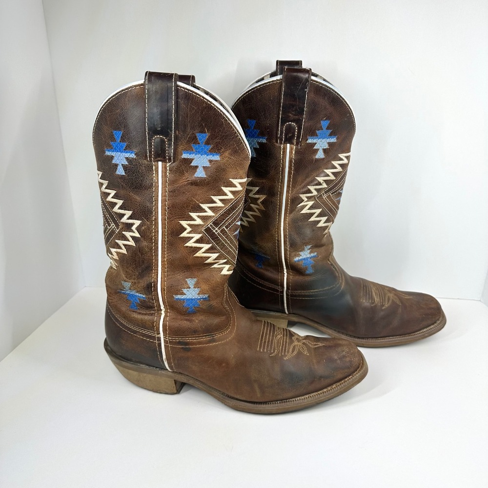 Laredo 51182 Brown Leather Western Cowboy Boots Blue Embroidery Women 7 M